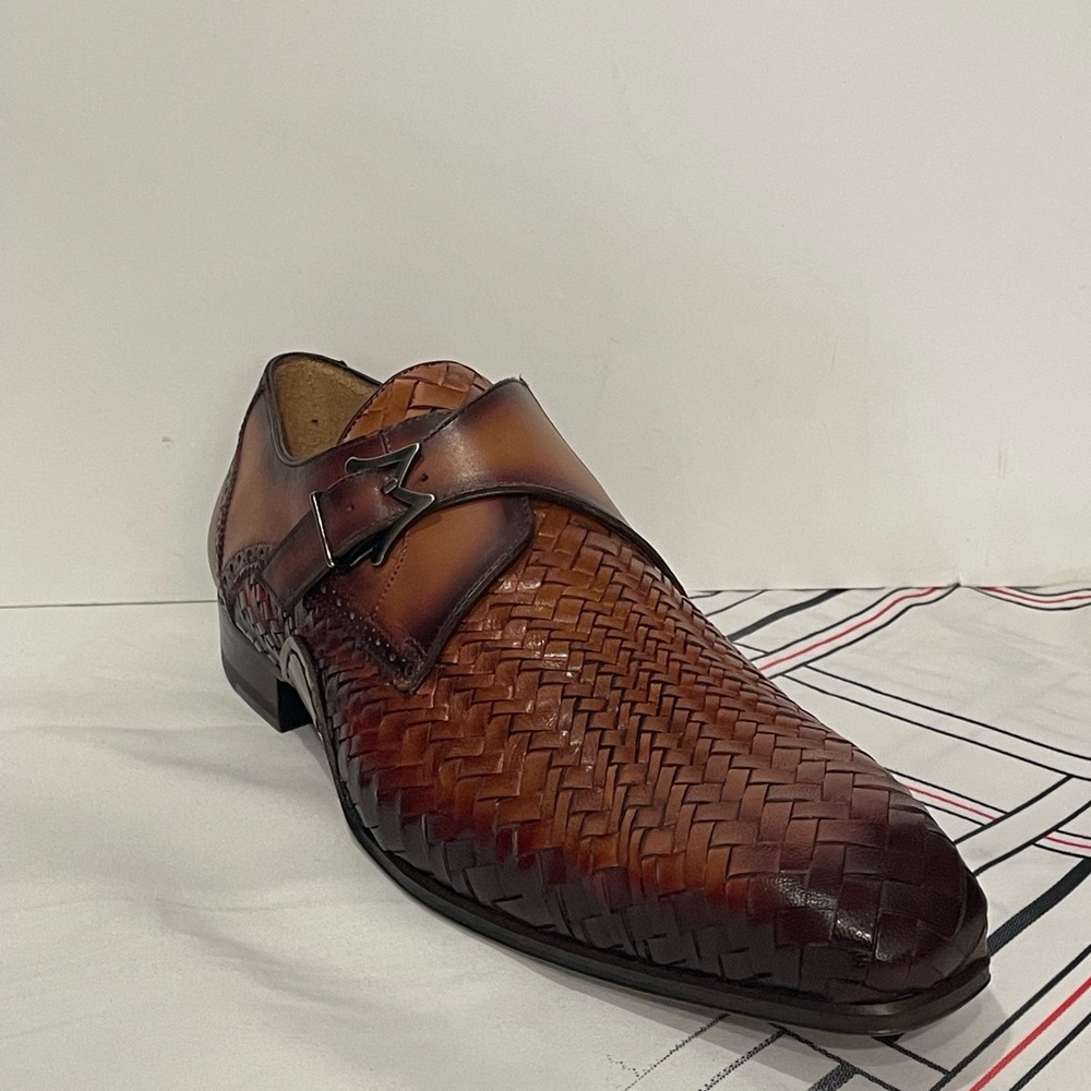 Mezlan shoe’s Cognac woven monk strap leather slip on